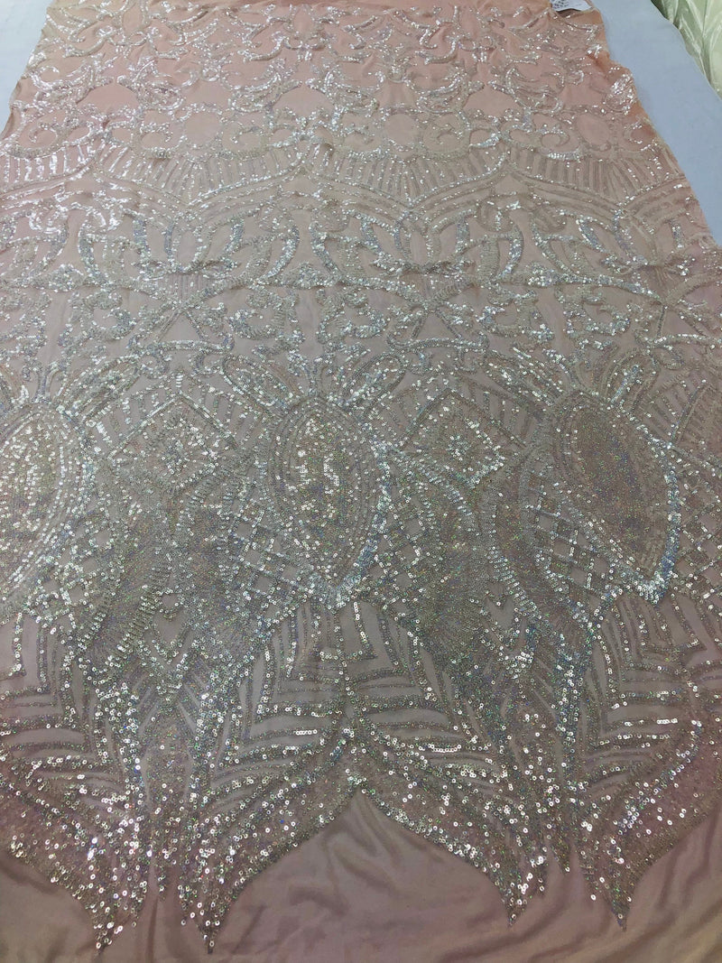 Iridescent Clear Sequins Lace Fabric On Nude Mesh, Royalty Design Embroidered On 4way Stretch Sequin By Yard -Prom-Gown ( Choose The Size )