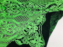 Neon Green Sequin Fabrics on Black Mesh, Damask Design 4Way Stretch Embroidery With Sequin on a Mesh-Prom-Gown By The Yard