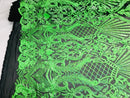 Neon Green Sequin Fabrics on Black Mesh, Damask Design 4Way Stretch Embroidery With Sequin on a Mesh-Prom-Gown By The Yard