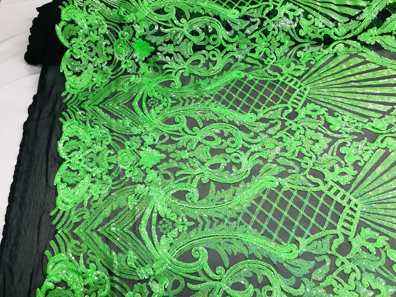 Neon Green Sequin Fabrics on Black Mesh, Damask Design 4Way Stretch Embroidery With Sequin on a Mesh-Prom-Gown By The Yard