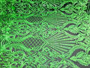 Neon Green Sequin Fabrics on Black Mesh, Damask Design 4Way Stretch Embroidery With Sequin on a Mesh-Prom-Gown By The Yard