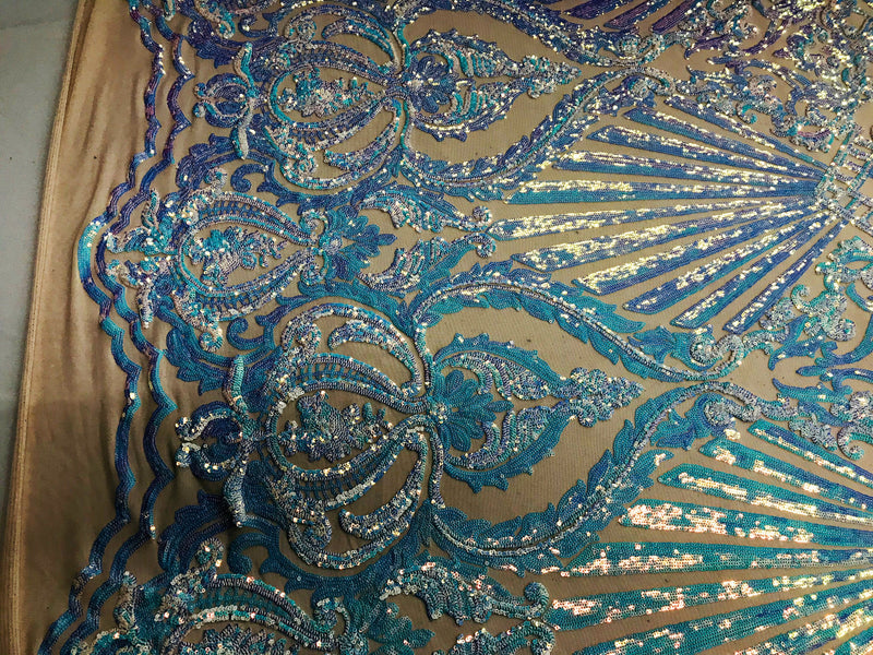 Iridescent Aqua Sequin Fabrics on Blush Mesh, Damask Design 4Way Stretch Embroidery With Sequin on a Mesh-Prom-Gown By The Yard