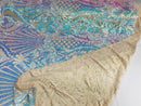 Iridescent Aqua Sequin Fabrics on Blush Mesh, Damask Design 4Way Stretch Embroidery With Sequin on a Mesh-Prom-Gown By The Yard