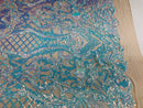 Iridescent Aqua Sequin Fabrics on Blush Mesh, Damask Design 4Way Stretch Embroidery With Sequin on a Mesh-Prom-Gown By The Yard