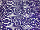 Holographic Purple Sequin Fabrics on Blush Mesh, Damask Design 4Way Stretch Embroidery With Sequin on a Mesh-Prom-Gown By The Yard