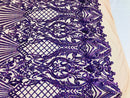 Holographic Purple Sequin Fabrics on Blush Mesh, Damask Design 4Way Stretch Embroidery With Sequin on a Mesh-Prom-Gown By The Yard