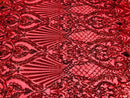 Holographic Red Sequin Fabric on Mesh Lace, Damask Design 4Way Stretch Embroidery With Sequin on a Mesh-Prom-Gown By The Yard