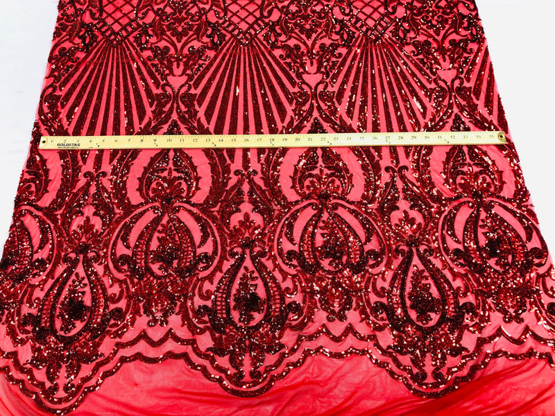 Holographic Red Sequin Fabric on Mesh Lace, Damask Design 4Way Stretch Embroidery With Sequin on a Mesh-Prom-Gown By The Yard