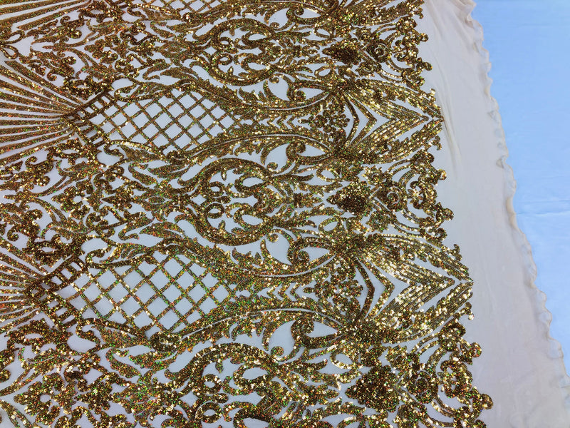 Holographic Gold Sequin Fabric on Mesh Lace, Damask Design 4Way Stretch Embroidery With Sequin on a Mesh-Prom-Gown By The Yard