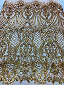 Holographic Gold Sequin Fabric on Mesh Lace, Damask Design 4Way Stretch Embroidery With Sequin on a Mesh-Prom-Gown By The Yard