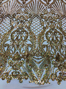 Holographic Gold Sequin Fabric on Mesh Lace, Damask Design 4Way Stretch Embroidery With Sequin on a Mesh-Prom-Gown By The Yard