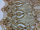 Holographic Gold Sequin Fabric on Mesh Lace, Damask Design 4Way Stretch Embroidery With Sequin on a Mesh-Prom-Gown By The Yard
