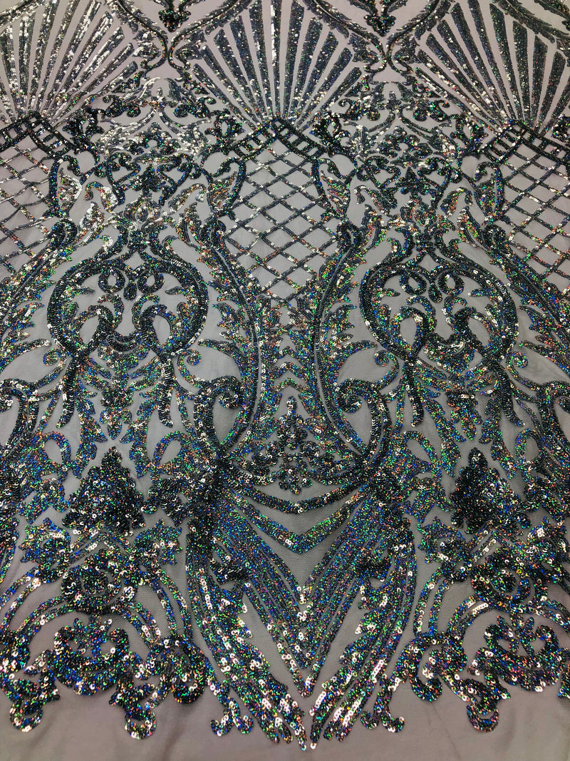 Holographic Silver Sequin Fabric on White Mesh Lace, Damask Design 4Way Stretch Embroidery With Sequin on a Mesh-Prom-Gown By The Yard