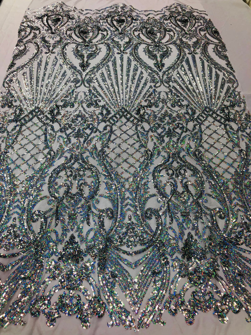 Holographic Silver Sequin Fabric on White Mesh Lace, Damask Design 4Way Stretch Embroidery With Sequin on a Mesh-Prom-Gown By The Yard