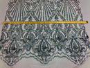 Holographic Silver Sequin Fabric on White Mesh Lace, Damask Design 4Way Stretch Embroidery With Sequin on a Mesh-Prom-Gown By The Yard