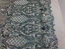 Holographic Silver Sequin Fabric on White Mesh Lace, Damask Design 4Way Stretch Embroidery With Sequin on a Mesh-Prom-Gown By The Yard