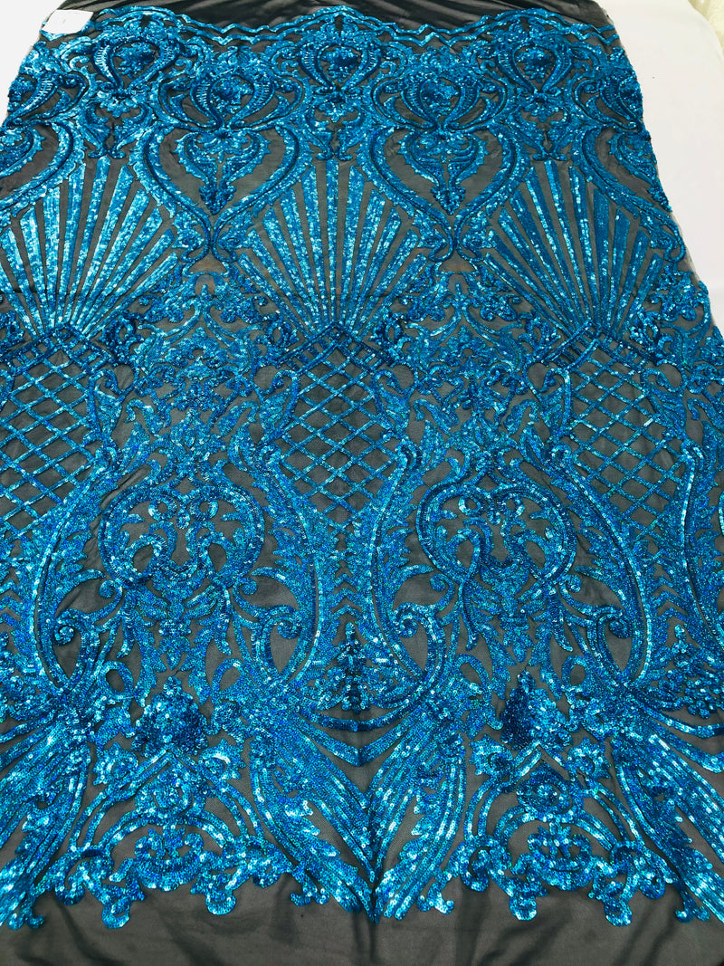 Holographic Turquoise Sequin Fabric on Black Mesh Lace, Damask Design 4Way Stretch Embroidery With Sequin on a Mesh-Prom-Gown By The Yard