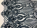 Holographic Black/Navy Sequin Fabric on Blush Mesh Lace, Damask Design 4Way Stretch Embroidery With Sequin on a Mesh-Prom-Gown By The Yard