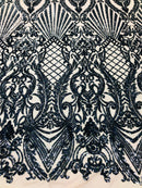 Holographic Black/Navy Sequin Fabric on Blush Mesh Lace, Damask Design 4Way Stretch Embroidery With Sequin on a Mesh-Prom-Gown By The Yard