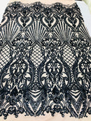 Holographic Black/Navy Sequin Fabric on Blush Mesh Lace, Damask Design 4Way Stretch Embroidery With Sequin on a Mesh-Prom-Gown By The Yard