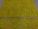 Iridescent Yellow Sequins Lace Fabric On a Mesh, Royalty Design Embroidered On 4way Stretch Sequin By Yard -Prom-Gown ( Choose The Size )