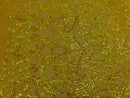 Iridescent Yellow Sequins Lace Fabric On a Mesh, Royalty Design Embroidered On 4way Stretch Sequin By Yard -Prom-Gown ( Choose The Size )