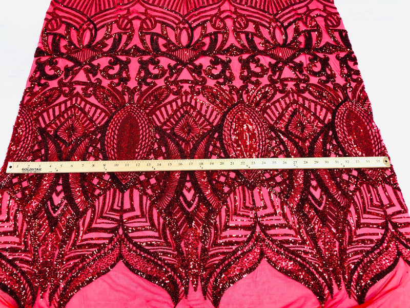 Holographic Red Sequins Lace Fabric On a Mesh, Royalty Design Embroidered On 4way Stretch Sequin By Yard -Prom-Gown ( Choose The Size )