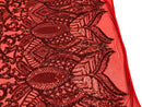 Holographic Red Sequins Lace Fabric On a Mesh, Royalty Design Embroidered On 4way Stretch Sequin By Yard -Prom-Gown ( Choose The Size )