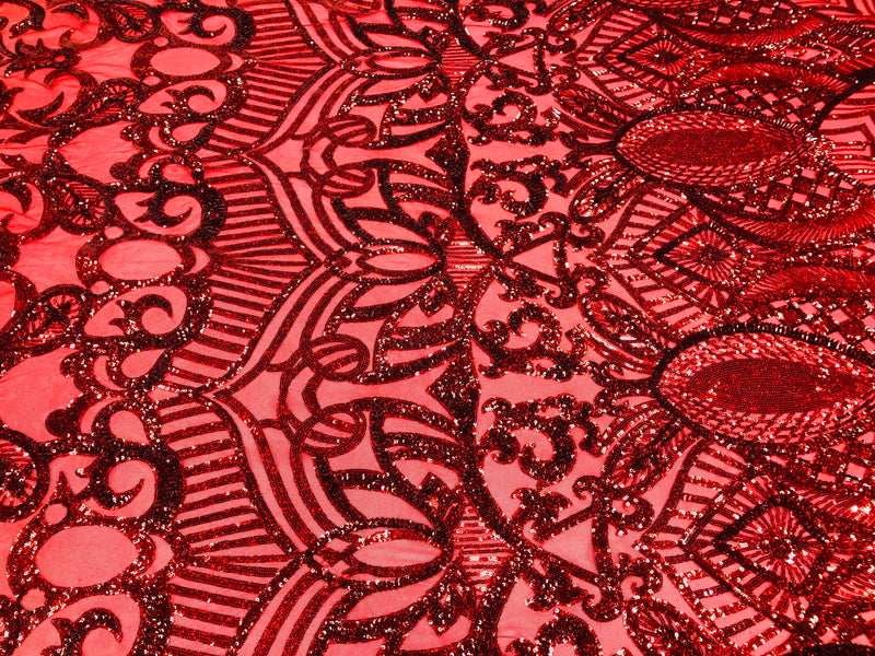 Holographic Red Sequins Lace Fabric On a Mesh, Royalty Design Embroidered On 4way Stretch Sequin By Yard -Prom-Gown ( Choose The Size )
