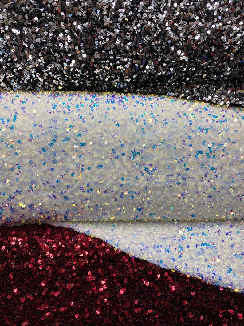 Iridescent Green Sequin on Black Stretch Velvet With Luxury Sequins all Over 5mm Shining Sequins 2-way Stretch 58/60” (Choose The Quantity)