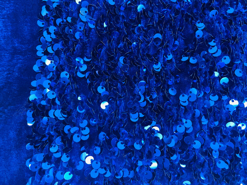 Royal Blue Sequin on Royal Stretch Velvet With Luxury Sequins all Over 5mm Shining Sequins 2-way Stretch 58/60” (Choose The Quantity)