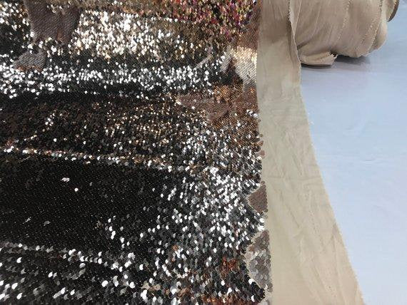 Rose Gold/ Matte Flip Up Sequins Reversible, 2-Way Stretch 58/60” Sequins Fabric Dresses-Nightgowns-Prom Gown (Choose The Quantity)