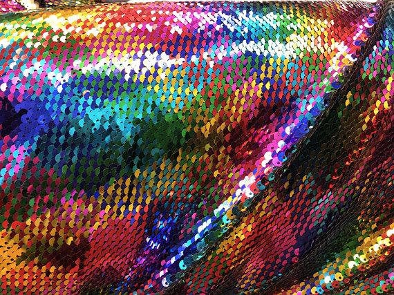 Rainbow/Gold Flip Up Sequins Reversible, 2-Way Stretch 58/60” Sequins Fabric Dresses-Nightgowns-Prom Gown (Choose The Quantity)