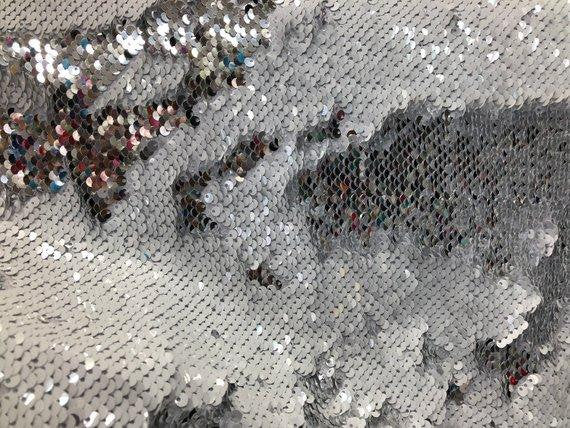 White/Silver Flip Up Sequins Reversible, 2-Way Stretch 58/60” Sequins