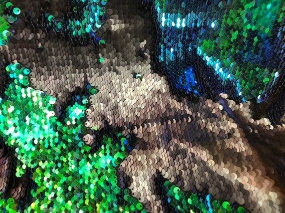 Iridescent Green/Black Flip Up Sequins Reversible, 2-Way Stretch 58/60” Sequins Fabric Dresses-Nightgowns-Prom Gown (Choose The Quantity)