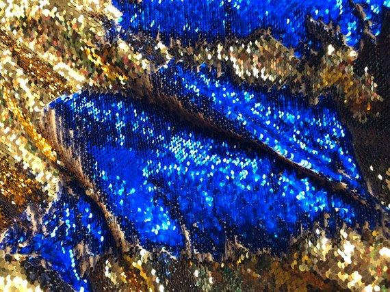 Gold/Royal Blue Flip Up Sequins Reversible, 2-Way Stretch 58/60” Sequins Fabric Dresses-Nightgowns-Prom Gown (Choose The Quantity)