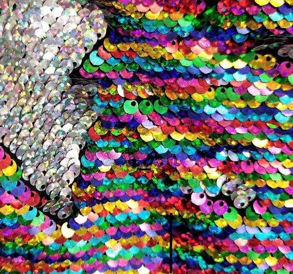 Multi-color/Silver Flip Up Sequins Reversible, 2-Way Stretch 58/60” Sequins Fabric Dresses-Nightgowns-Prom Gown (Choose The Quantity)