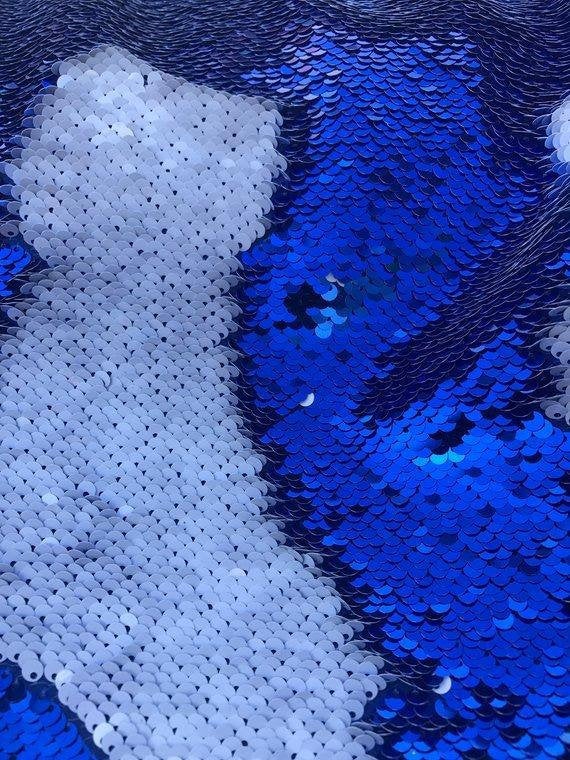Royal Blue/White Flip Up Sequins Reversible, 2-Way Stretch 58/60” Sequins Fabric Dresses-Nightgowns-Prom Gown (Choose The Quantity)