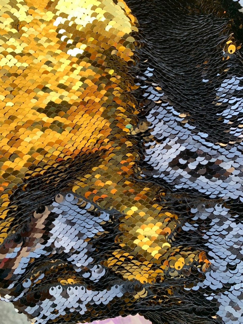 Gold/Black Flip Up Sequins Reversible, 2-Way Stretch 58/60” Sequins Fa