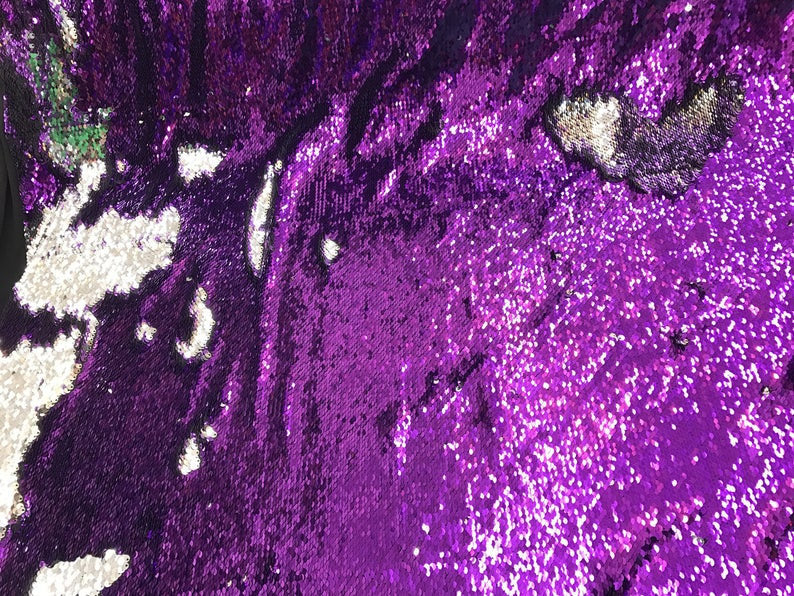 Purple/ Silver Flip Up Sequins Reversible, 2-Way Stretch 58/60” Sequins Fabric Dresses-Nightgowns-Prom Gown (Choose The Quantity)