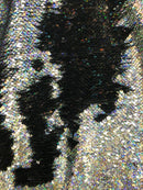 Hologram Silver/Black Flip Up Sequins Reversible, 2-Way Stretch 58/60” Sequins Fabric Dresses-Nightgowns-Prom Gown (Choose The Quantity)