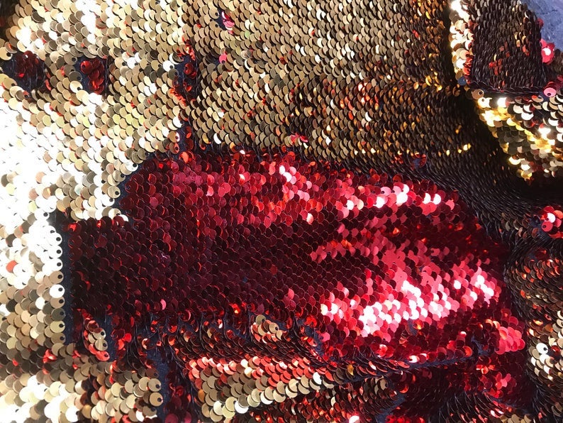 Red/Gold Flip Up Sequins Reversible, 2-Way Stretch 58/60” Sequins Fabric Dresses-Nightgowns-Prom Gown (Choose The Quantity)