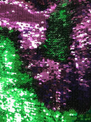 Green/Purple Flip Up Sequins Reversible, 2-Way Stretch 58/60” Sequins Fabric Dresses-Nightgowns-Prom Gown (Choose The Quantity)