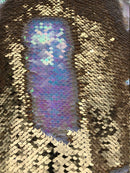 Iridescent aqua/Gold Flip Up Sequins Reversible, 2-Way Stretch 58/60” Sequins Fabric Dresses-Nightgowns-Prom Gown (Choose The Quantity)