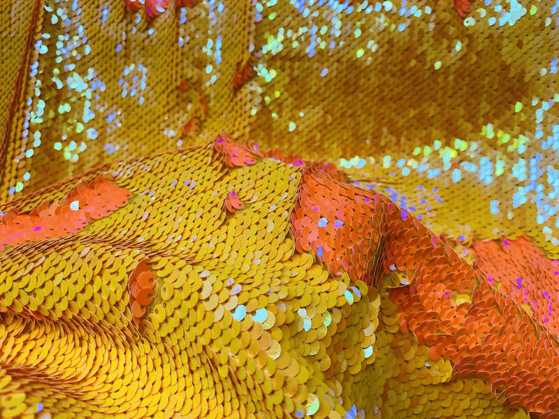 Iridescent Yellow/Orange Flip Up Sequins Reversible, 2-Way Stretch 58/60” Sequins Fabric Dresses-Nightgowns-Prom Gown (Choose The Quantity)