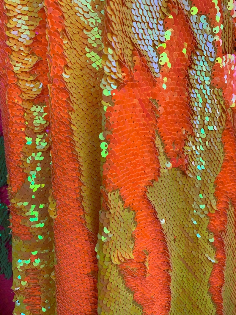 Iridescent Yellow/Orange Flip Up Sequins Reversible, 2-Way Stretch 58/60” Sequins Fabric Dresses-Nightgowns-Prom Gown (Choose The Quantity)