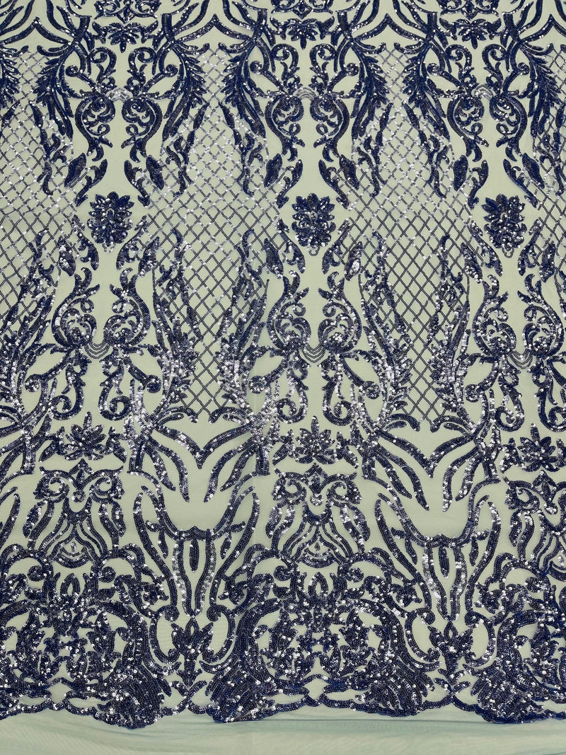 4 Way Stretch Fabric Design - Blue - Fancy Net Sequins Design Fabric By Yard