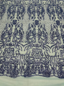 4 Way Stretch Fabric Design - Blue - Fancy Net Sequins Design Fabric By Yard