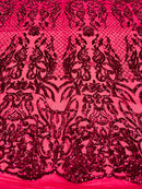 4 Way Stretch Fabric Design - Fuchsia - Fancy Net Sequins Design Fabric By Yard