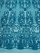 4 Way Stretch Fabric Design - Holographic Turquoise - Fancy Net Sequins Design Fabric By Yard